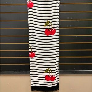 Kate Spade New York Cherry Stripe Scarf Black White Red Print